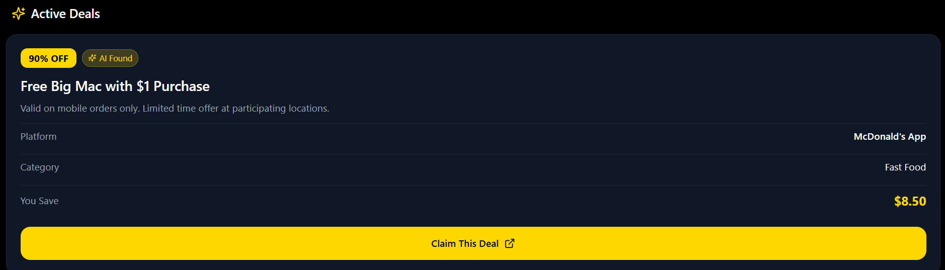 Active deals screen showing a featured deal card