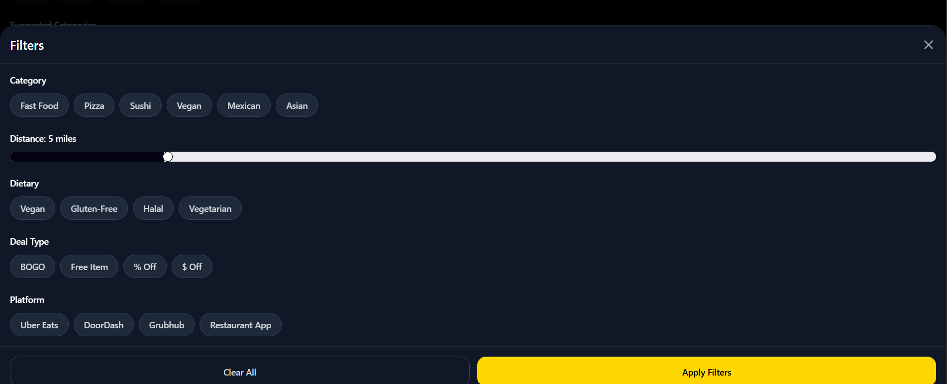 Filters screen with category, dietary, deal type, and platform options