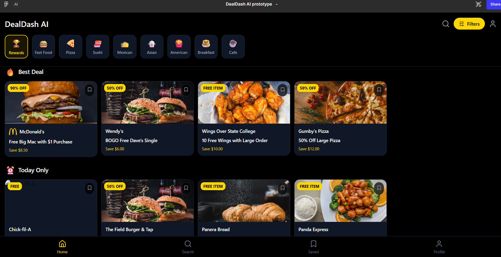 DealDash AI home screen with active deals and navigation tabs
