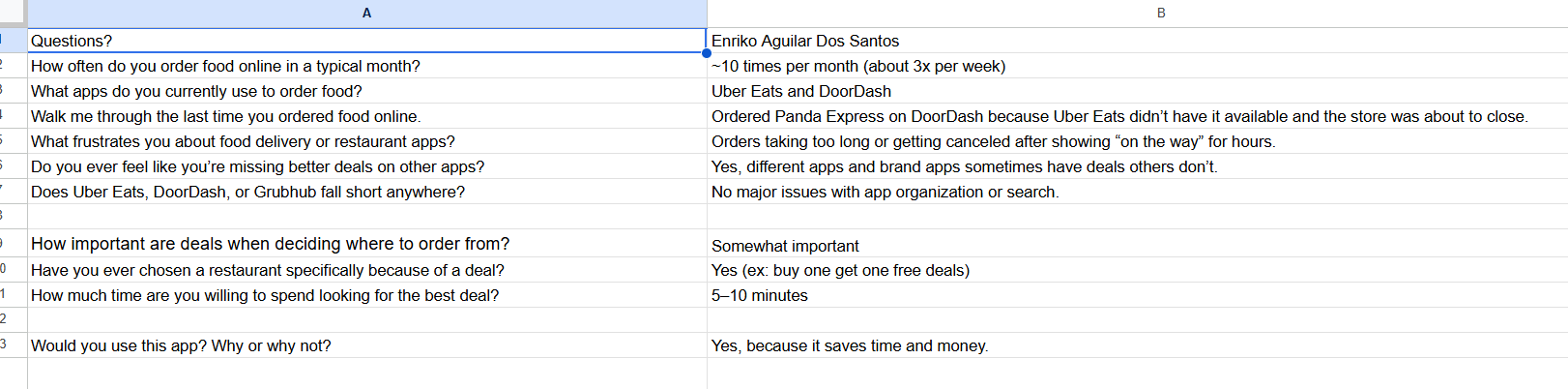 Interview findings spreadsheet showing survey questions and responses