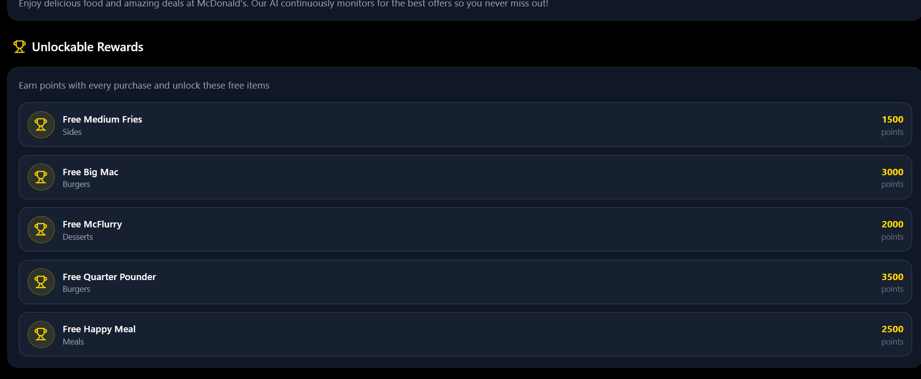 Unlockable rewards screen with points-based items