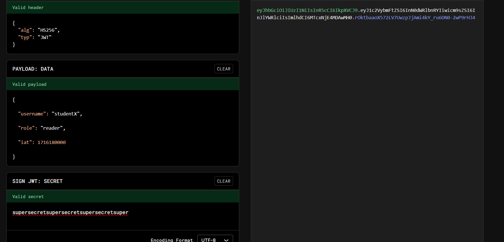 JWT header and payload validation screen