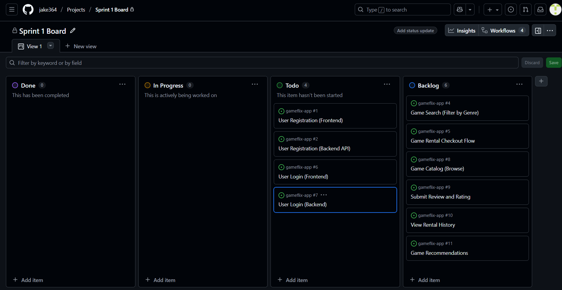 Sprint board showing GameFlix tasks in To Do and Backlog columns
