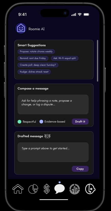 Roomeo AI messaging screen with suggestions and drafted message support