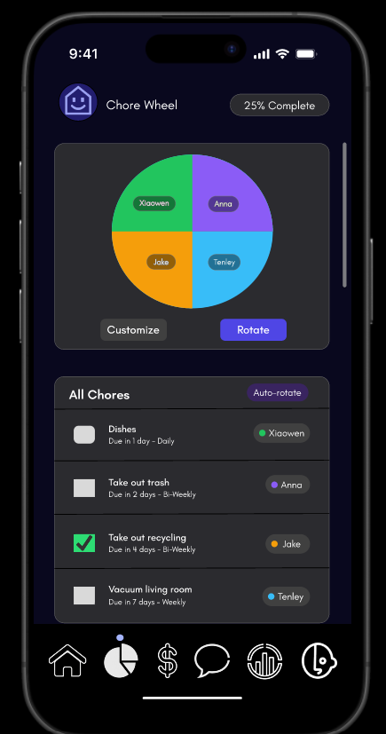 Roomeo chore wheel showing task distribution and chore list