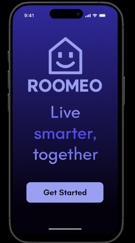 Roomeo hero screen showing the app landing page with the logo and slogan