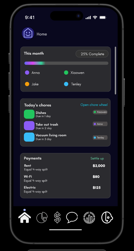Roomeo home screen showing task progress, chores, and payments