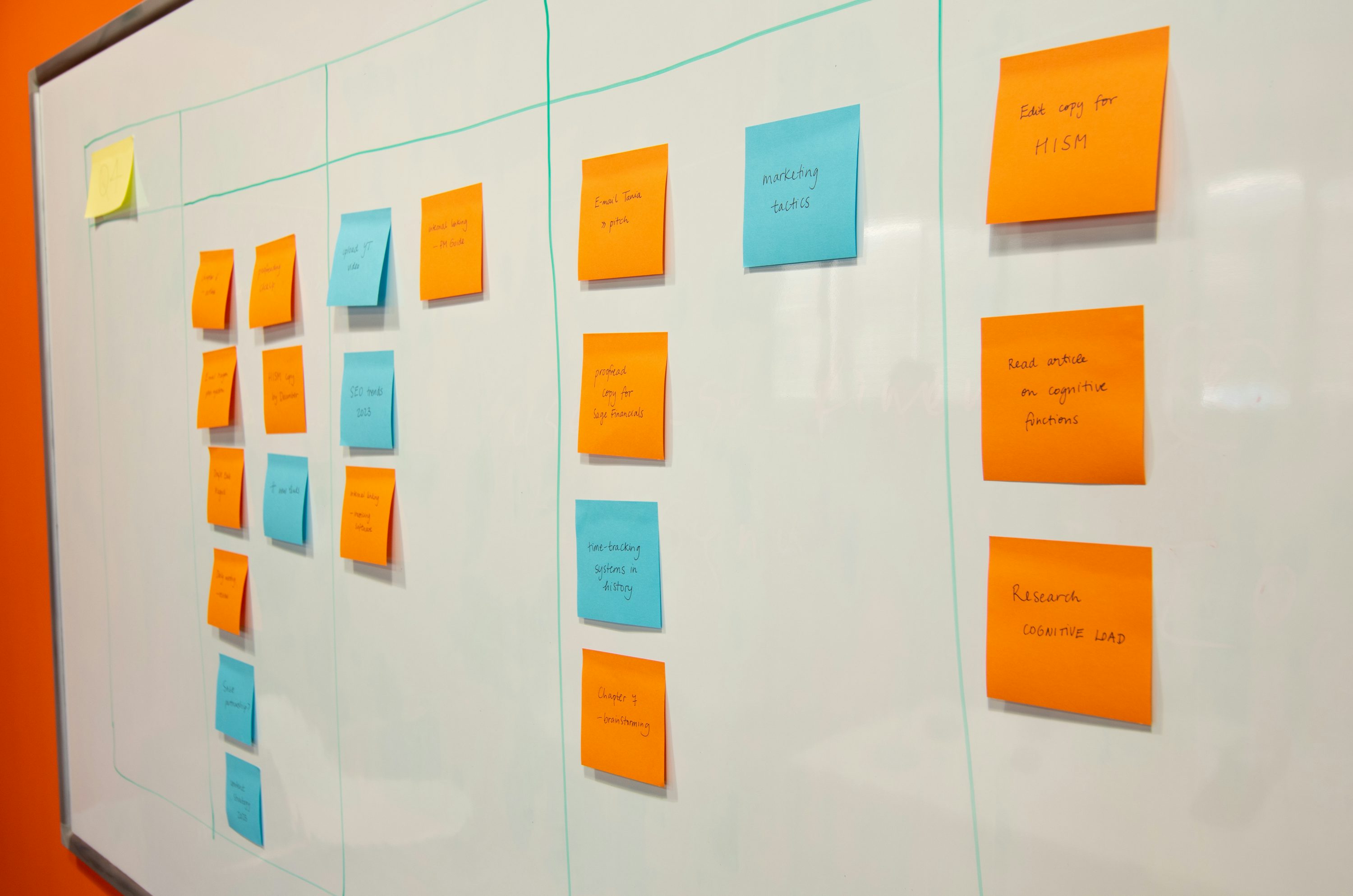 Whiteboard with sticky notes representing the information architecture stage