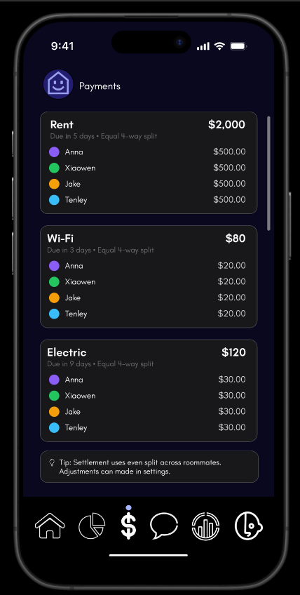Roomeo payment screen showing rent, Wi-Fi, and electric split among roommates