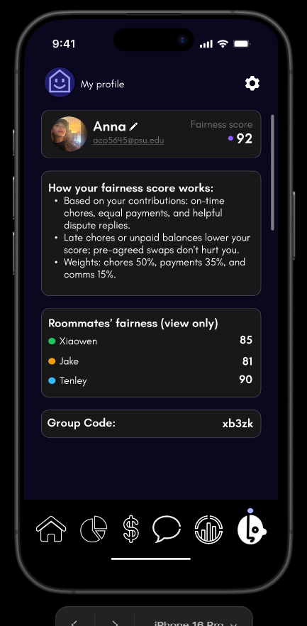 Roomeo profile screen showing fairness score and roommate balance